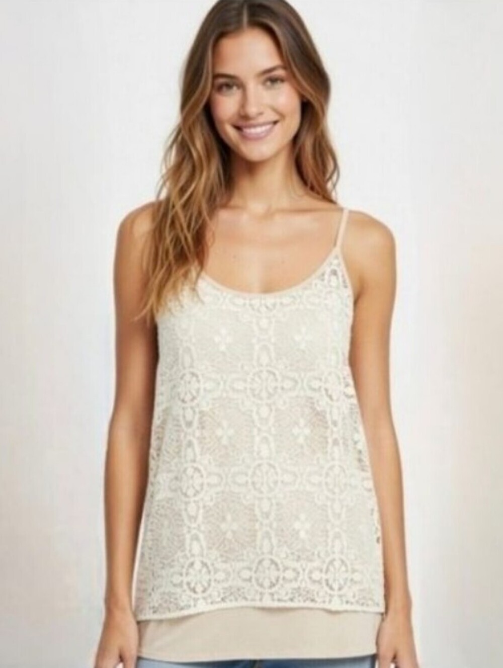 Cabi Beige Ivory Boho It Girl Lace Overlay Camisole Tunic Tank Top #798 Size XS